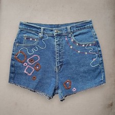 Handmade Embroidered Vintage Denim Cut-of Shorts Women's M High Rise Boho 70s