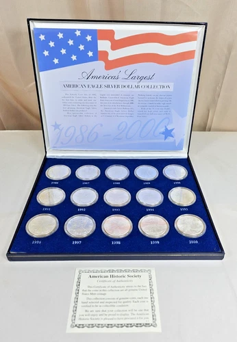 1986-2000 American Silver Eagle Set 15 Coins BU 1oz .999 Silver Display Case COA