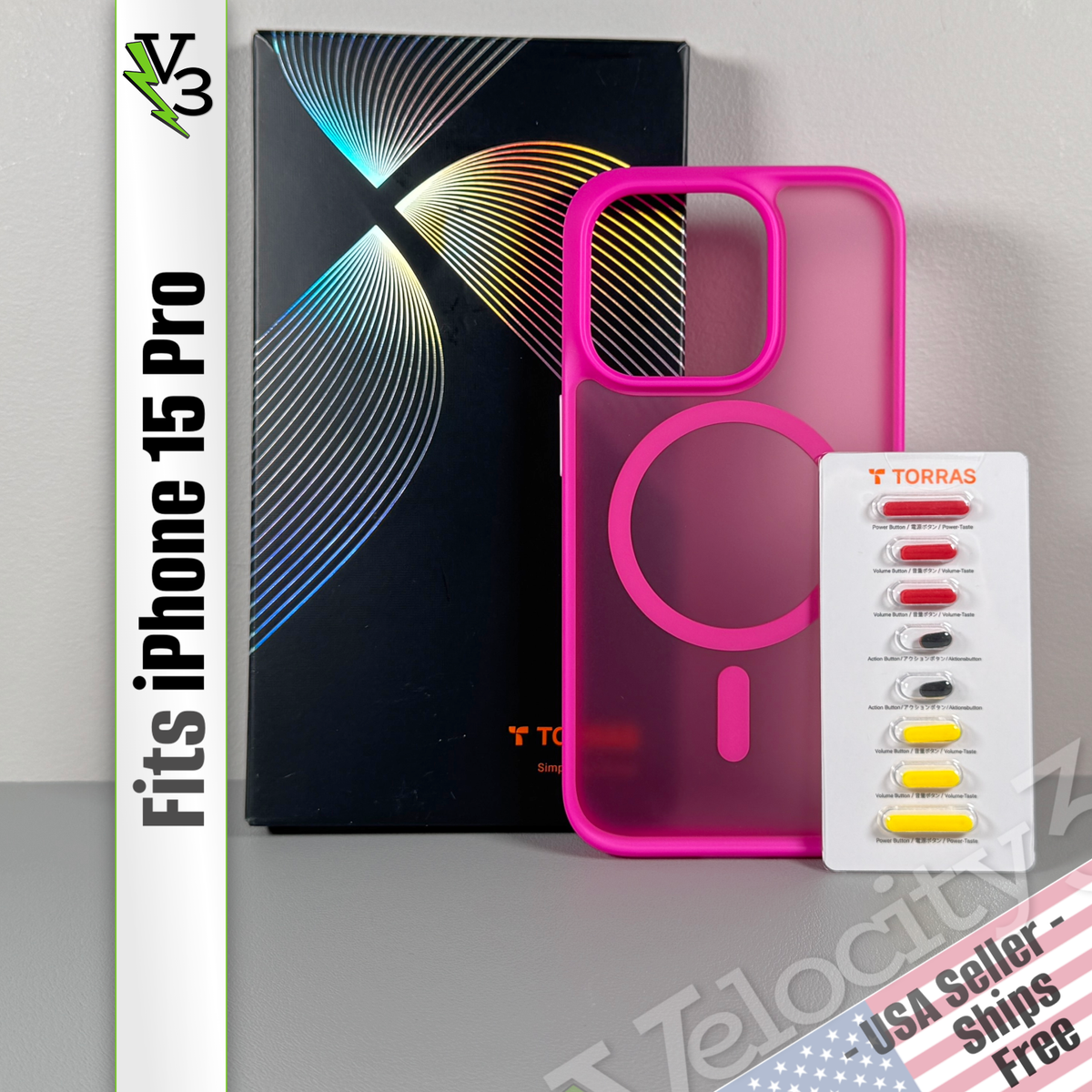 Torras Case For iPhone 15 Pro - Hot Pink | Extra Buttons Torras Case For iPhone 15 Pro - Hot Pink | Extra Buttons
