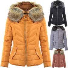 Ladies Padded Hooded Faux Fur Puffer Belt Zip
