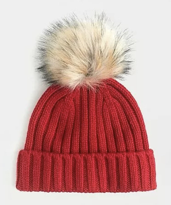 mi☺︎ NWT Women's J.CREW Harvest Red Ribbed BEANIE With CHIC POM-POM Sz