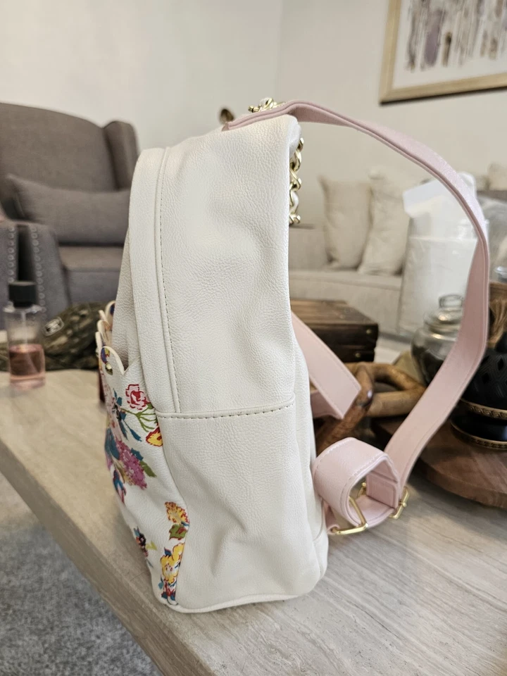 Mochila Cartera Betsey Johnson Cuero Marfil Floral Cremallera Oro Cadena Mango Foto 3 de 4