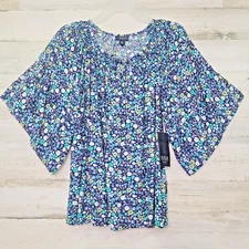 a.n.a. A New Approach PM Flared Sleeve Floral Keyhole Neck Top Blue Green NWT