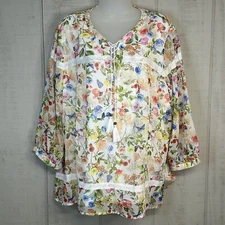 Womens Floral Butterfly Tunic Top Size XL Pullover Long Sleeve Cottage Fairy