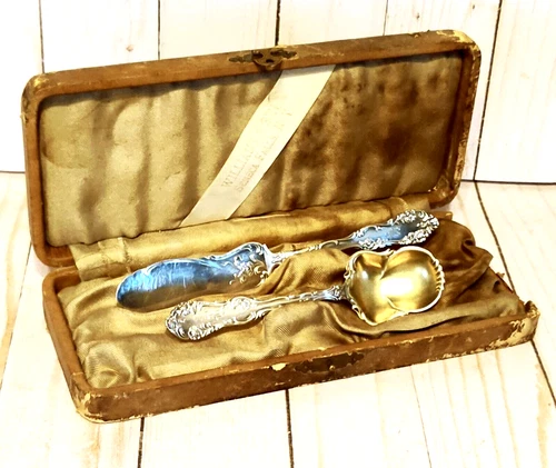 1892 Antique Towle Sterling Silver Boxed Gold Dip Spoon & Butter Knife Set