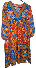 Coral Blue Tiered Dress Womens LARGE Boho Peasant Hippie Art Beach Lagenlook BTF