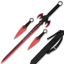 RED NINJA BAT WARRIOR SWORD 26.5" OVERALL W/2 PCS KNIFE SET