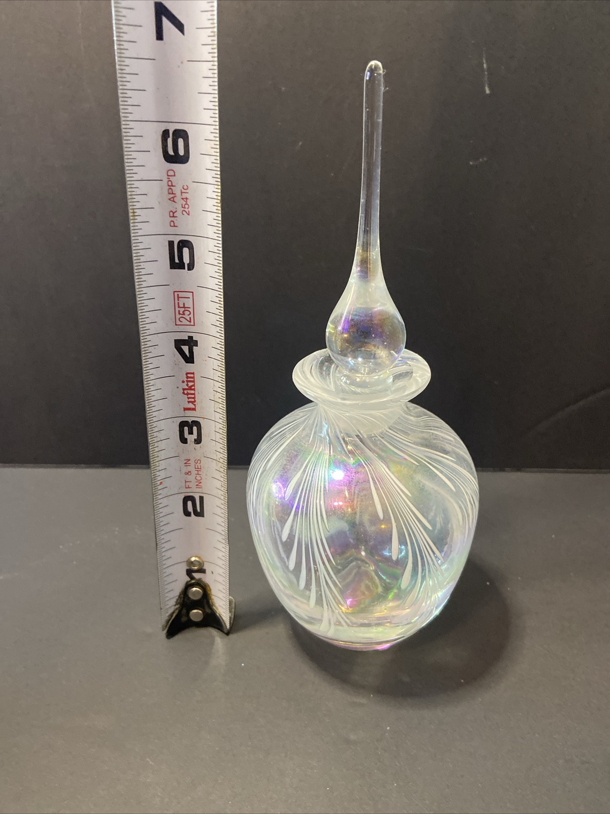 Iridescent Clear Art Glass Perfume Bottle Cologne Jar Vintage White Design 6.25"