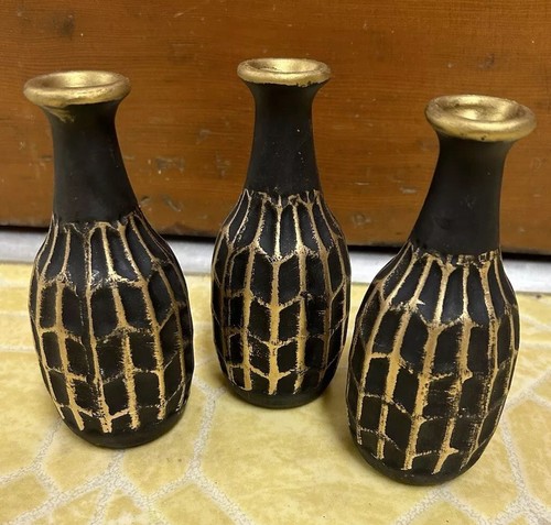 Set of Three 5” Gourd Shaped Vases Home Decor Black And Gold - Picture 3 of 6