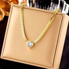 18K Gold Plated Heart Pendant Necklace Stainless Steel Zircon Cuban Chain Women