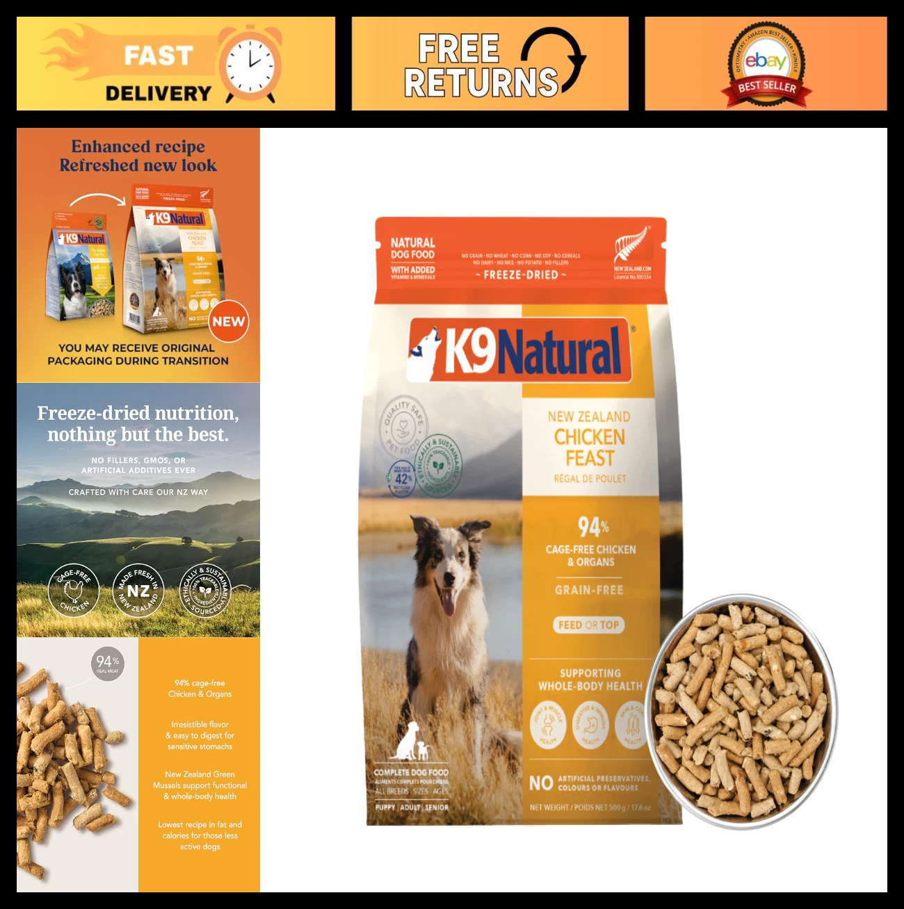 Grain-Free Freeze-Dried Dog Food - Chicken Flavor, 1.1lb - High Protein, Natural