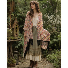 Festival Kimono Duster L Boho Fairycore Fringe Open Front Floral Paisley Gypsy