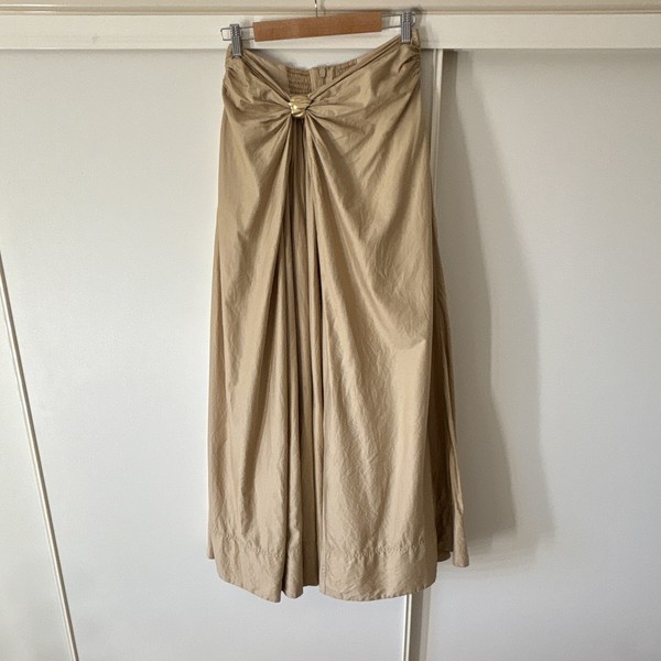 Aje. Beige Cotton A-Line Midi Skirt Size 10 Pockets Zip Knot Accent