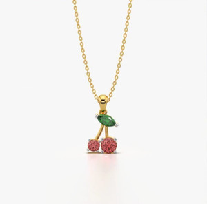 Authentic 14K Yellow Gold Plated 925 Silver Red Green Sweet Cherry Pendant Necklace Women
