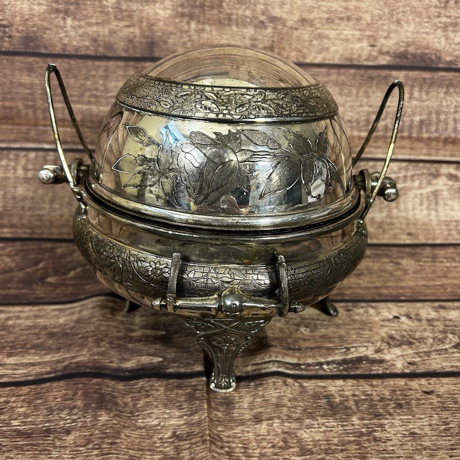Antique Victorian Quadruple Plate Butter Dish Dome Floral Silverplate
