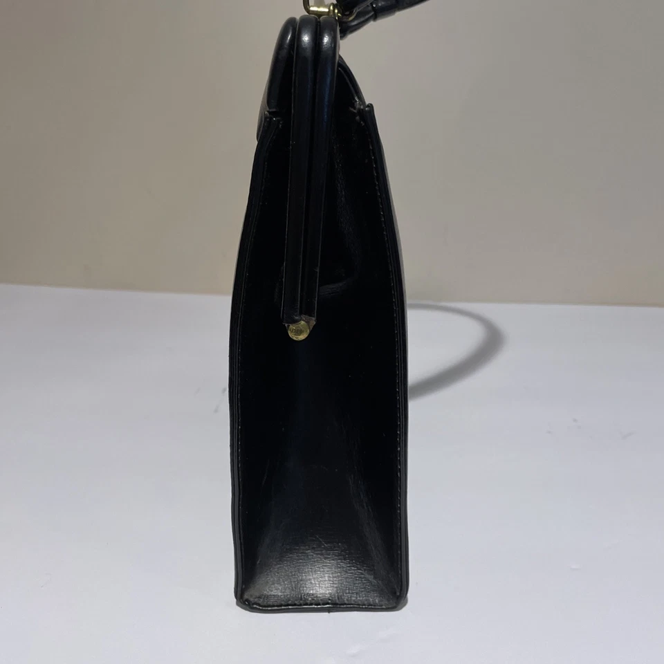Vintage Top Handle Structured Purse Handbag Kiss Lock Black Grace Kelly 1960s - Image 4 of 4