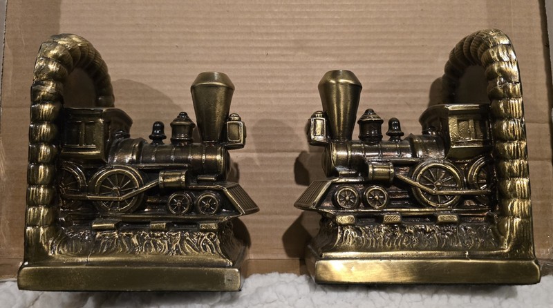 Set of Two Train Brass Locomotive Bookends