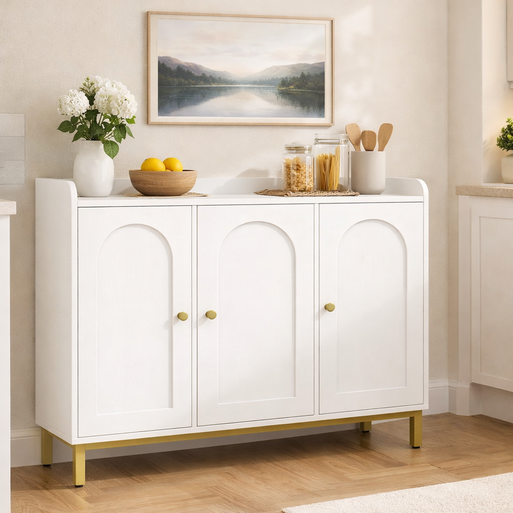 Sideboard Cabinet Large Adjustable Shelves Storage Cupboard Buffet White Gold
