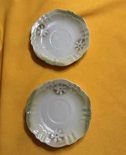 Germany Tea Cup Saucer Floral Green Brown Cream A Set 2 Dining Collectable Vtg