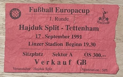 Match Ticket Hajduk Split - Tottenham Hotspur CWC Round One 17.09.1991