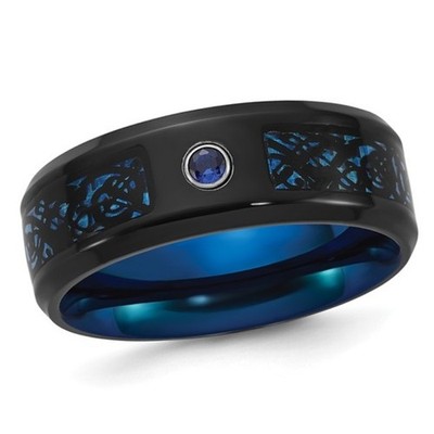 8mm Black Titanium Ring with Blue Celtic Inlay & Sapphire Accent 7-14