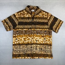 VTG 60s Andrade Honolulu Hawaiian Zip Up Shirt Mens L Brown Tiki Tapa Barkcloth