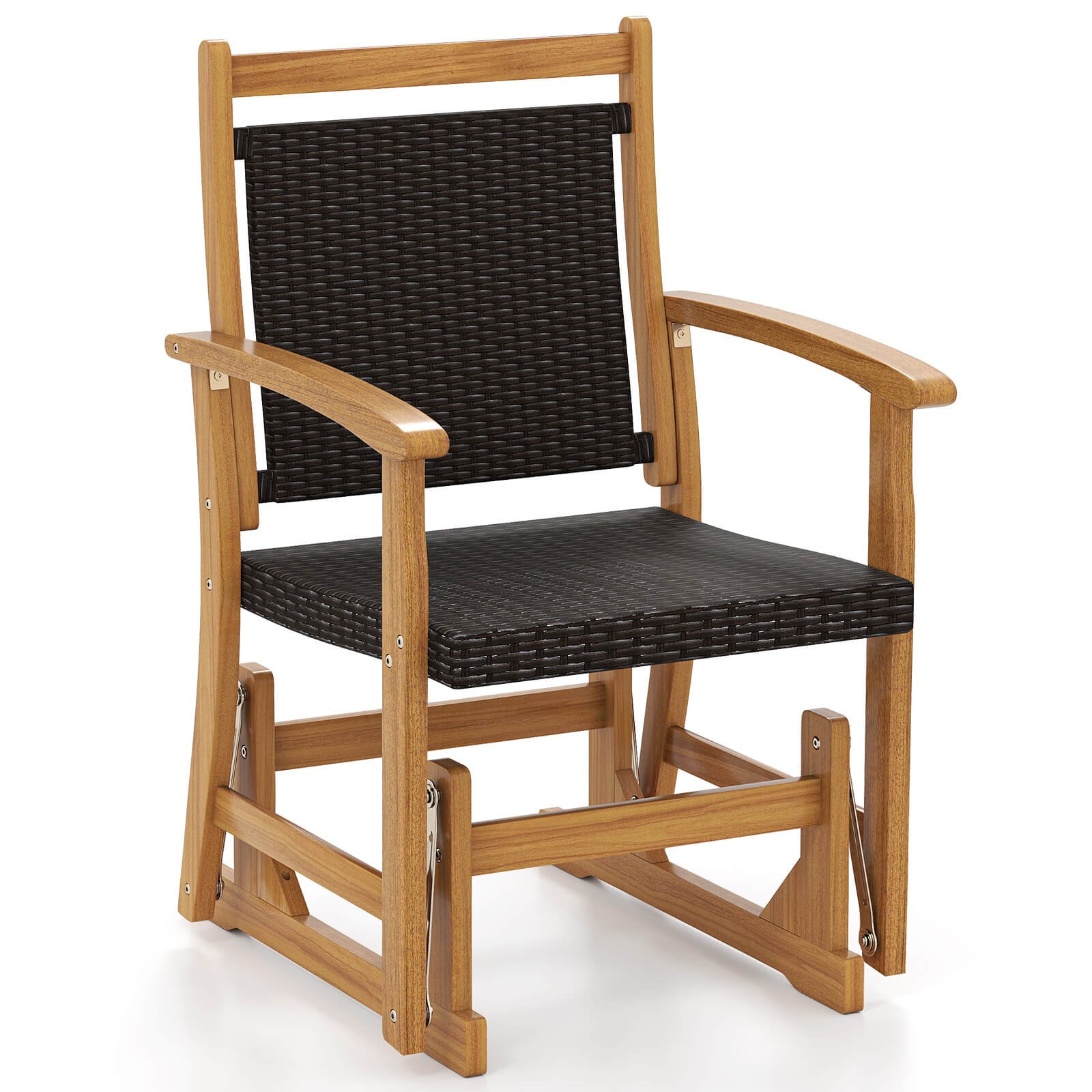 Patio Rattan Glider Chair w/Acacia Wood Frame & Wicker Seat Back Curved Armrests
