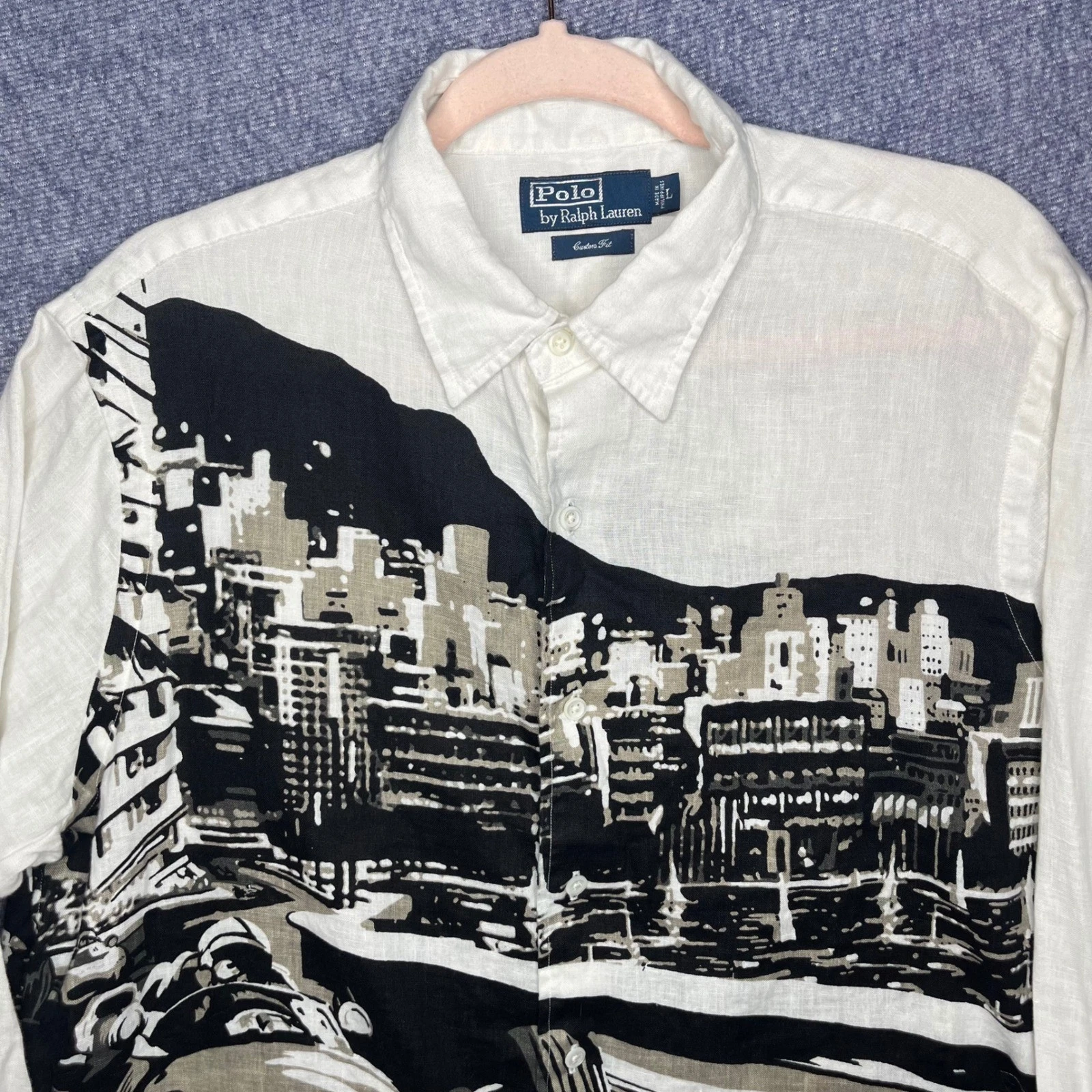 Polo Ralph Lauren Linen Riviera Race Graphic Shirt White Mens Large Custom Fit