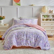  3pcs Flannel Comforter Set for Girls, Twin Size Twin- 68"x88" Floral Violet