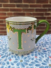 ANTHROPOLOGIE FESTIVE BISTRO TILE MONOGRAM INITIAL CHRISTMAS HOLIDAY MUG T