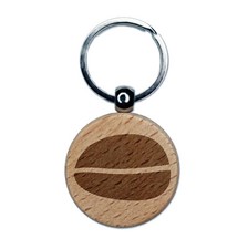 Coffee Bean Solid Engraved Wood Round Keychain Tag Charm