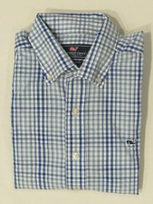 NEW MEN’S VINEYARD VINES L/S WATERS EDGE PLAID WHALE SHIRT, BLUE FIN, LARGE