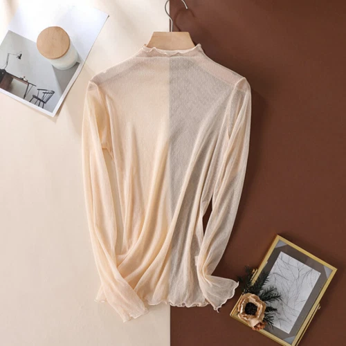 Damen transparentes Netz T-Shirt Bluse Langarm schmal Pullover Stehkragen Tops Shirt - Bild 4 von 17