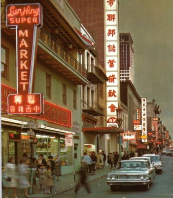 San Francisco Chinatown Lun Hing Super Market California Postcard VTG Cars