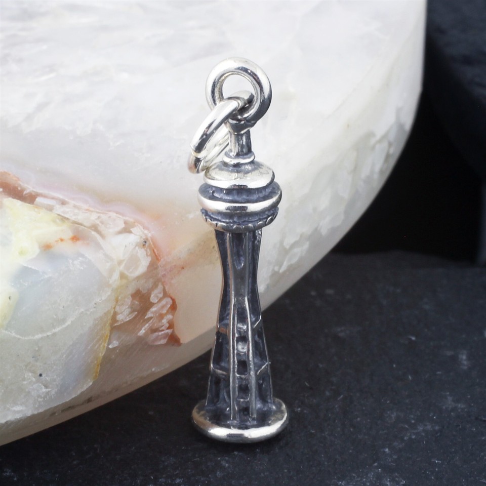 Genuine 925 Sterling Silver 3D Seattle Space Needle Charm Pendant – Travel-Themed Jewelry