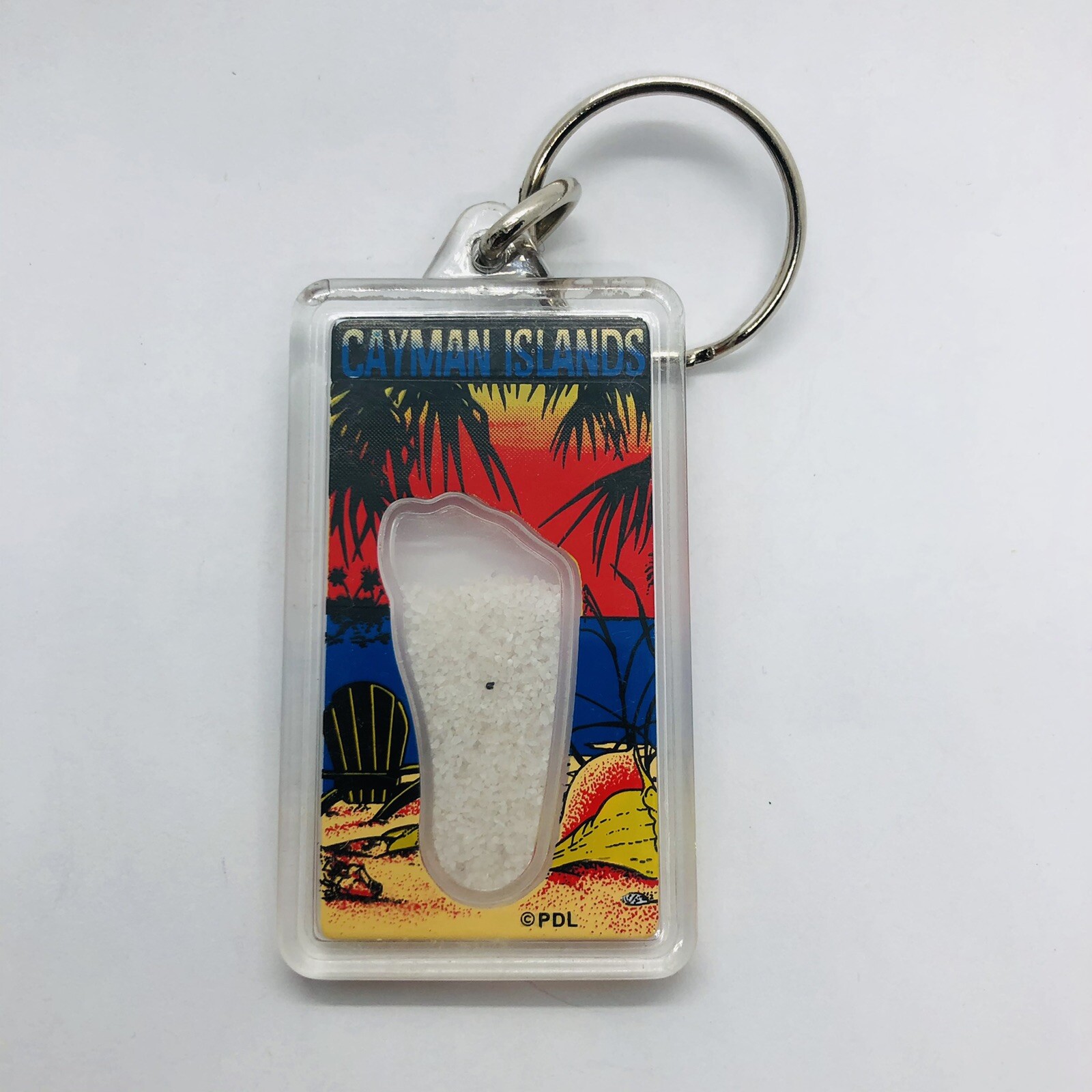 Cayman Islands Souvenir Acrylic Keychain w/ Real Beach Sand in Footprint
