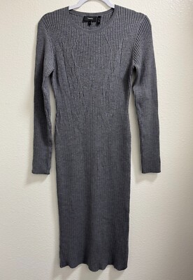 Theory Maxi Rib Mix Dress Noble Wool Stretch Fitted Long Sleeve Slit Gray Large