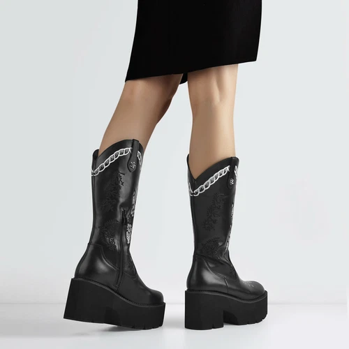 Botas vaqueras occidentales bordadas para mujer botas de tacón ancho plataforma media pantorrilla - Imagen 3 de 15