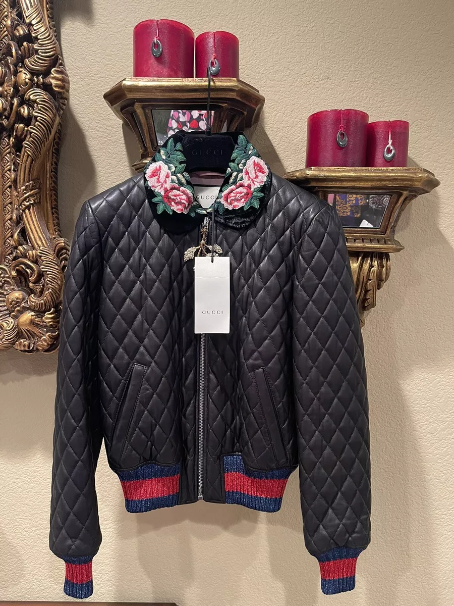 100% Authentic GUCCI Black Quilted Effect Bomber Leather Jacket Size: 40