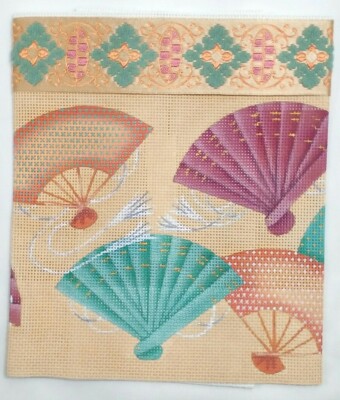 JP needlepoint HP handpainted P39 Vintage Fans PURSE w/ ribbon embellishment 13m