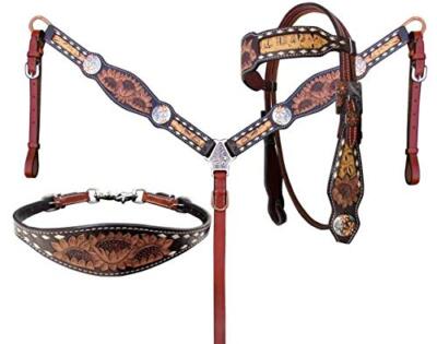 Showman Sunflower Tooled Leather Browband Headstall & Breast Collar Set w/ Reins