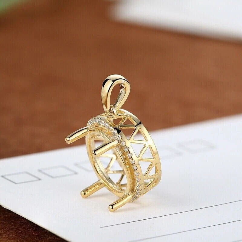 12mm Round Cut Diamond Semi Mount Pendant 14K Yellow Gold Plated Silver - Image 4 of 4