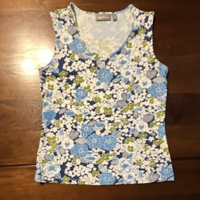 Croft & Barrow Blue Green White Floral V-Neck Sleeveless Knit Stretch Tank S