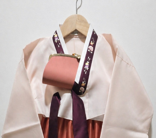 Korean Traditional Hanbok Set Pink Rose Gold Sheer Embroidered w/ Bag Norigae