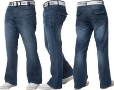 Kruze Bootcut Jeans Mens Flared Wide Leg Denim Trouser Belted Pants All UK Sizes