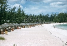 Nassau Bahamas 1957 Paradise Beach Chairs Tiki Hut Red Border Kodachrome Slide 2