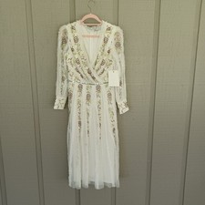 Mac Duggal Embroidered Faux Wrap Midi Dress Size 4 Long Sleeve  Bead Sequin 9133