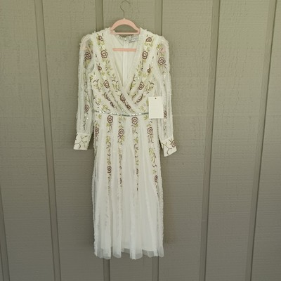Mac Duggal Embroidered Faux Wrap Midi Dress Size 4 Long Sleeve  Bead Sequin 9133