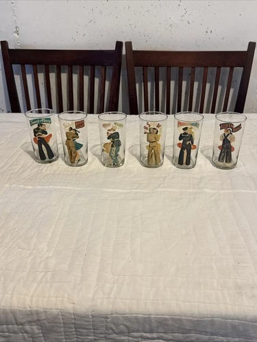 Set Of 6 Homefront Military Pin-Up Peek-A-Boo Risqué Girlie Vintage Glasses WW2