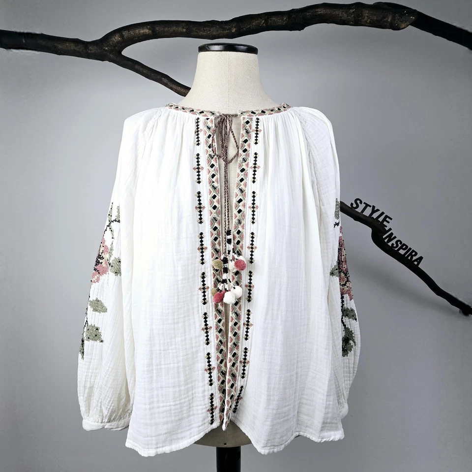 ZARA 🤍 JACKE BLUSE BESTICKT BOHO HIPPIE STICKEREI QUASTEN BAUMWOLLE - Bild 3 von 4